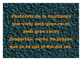 Pastorets de la muntanya que viviu amb gran recel, amb gran recel; desperteu, veniu de pressa, que ja és nat el Rei del cel.  