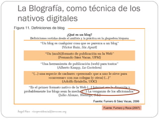 La Blografía, como técnica de los
nativos digitales




                                           Fuente: Fumero y Roca (2007)
Ángel Páez - vicepresidencia@invecom.org
 