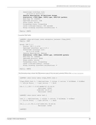 Copyright © 2009, Juniper Networks, Inc.	 23
IMPLEMENTATION GUIDE - NGEN MVPN With PIM Implementation Guide
Downstream interface list:
xe-0/0/0.0 xe-0/3/0.0
Session description: ST Multicast Groups
Statistics: 17494 kBps, 249911 pps, 49417181 packets
Next-hop ID: 1048587
Upstream protocol: PIM
Route state: Active
Forwarding state: Forwarding
Cache lifetime/timeout: 360 seconds
Wrong incoming interface notifications: 0
Family: INET6
Customer PIM Traffic
lab@PE2> show multicast route extensive instance l3vpn_50001
Family: INET
Group: 226.1.1.1
Source: 192.7.1.2/32
Upstream interface: ge-1/1/0.1
Downstream interface list:
mt-1/1/10.32768
Session description: Unknown
Statistics: 11500 kBps, 250003 pps, 2395241688 packets
Next-hop ID: 1048582
Upstream protocol: MVPN
Route state: Active
Forwarding state: Forwarding
Cache lifetime/timeout: forever
Wrong incoming interface notifications: 0
Family: INET6
The following output shows the PIM protocol view of the core and customer PIM on the routing-instance.
lab@PE2> show route table l3vpn_50001.inet.1
l3vpn_50001.inet.1: 1 destinations, 2 routes (1 active, 0 holddown, 0 hidden)
+ = Active Route, - = Last Active, * = Both
226.1.1.1,192.7.1.2/32*[MVPN/70] 03:56:51
Multicast (IPv4)
[PIM/105] 03:57:12
Multicast (IPv4)
lab@PE2> show route table inet.1
inet.1: 1 destinations, 1 routes (1 active, 0 holddown, 0 hidden)
+ = Active Route, - = Last Active, * = Both
224.1.1.1,21.255.2.1/32*[PIM/105] 06:46:04
Multicast (IPv4)
lab@PE2>
 