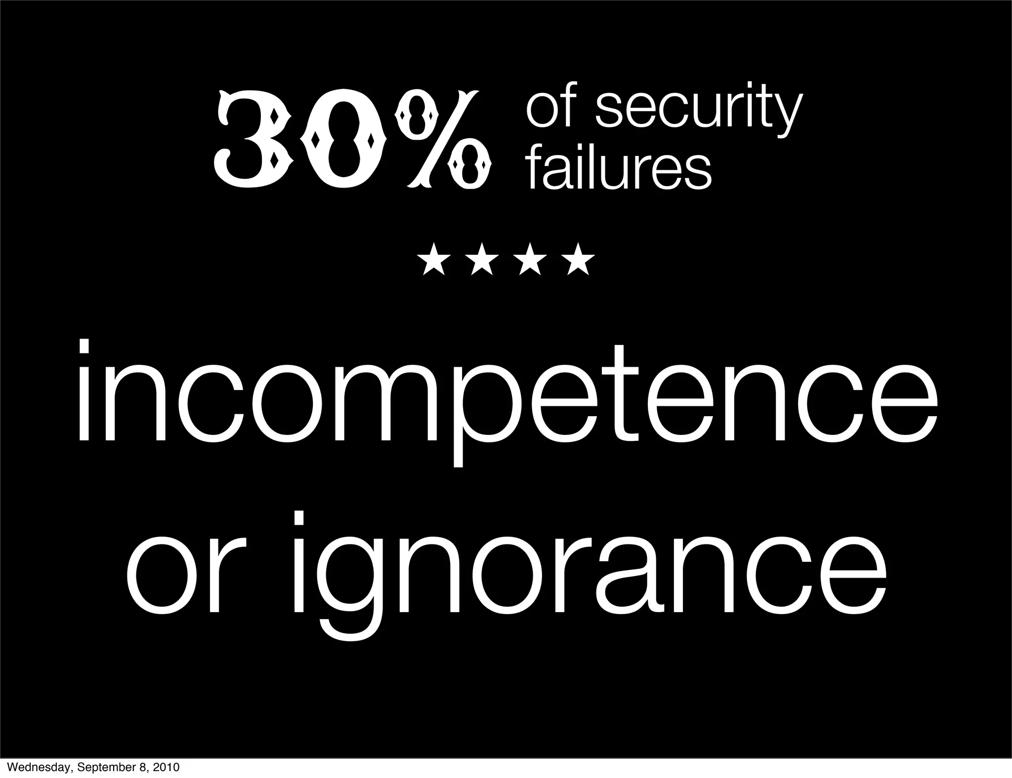 30%   of security
                                     failures


          incompetence
           or ignorance
Wednesday, September 8, 2010
 