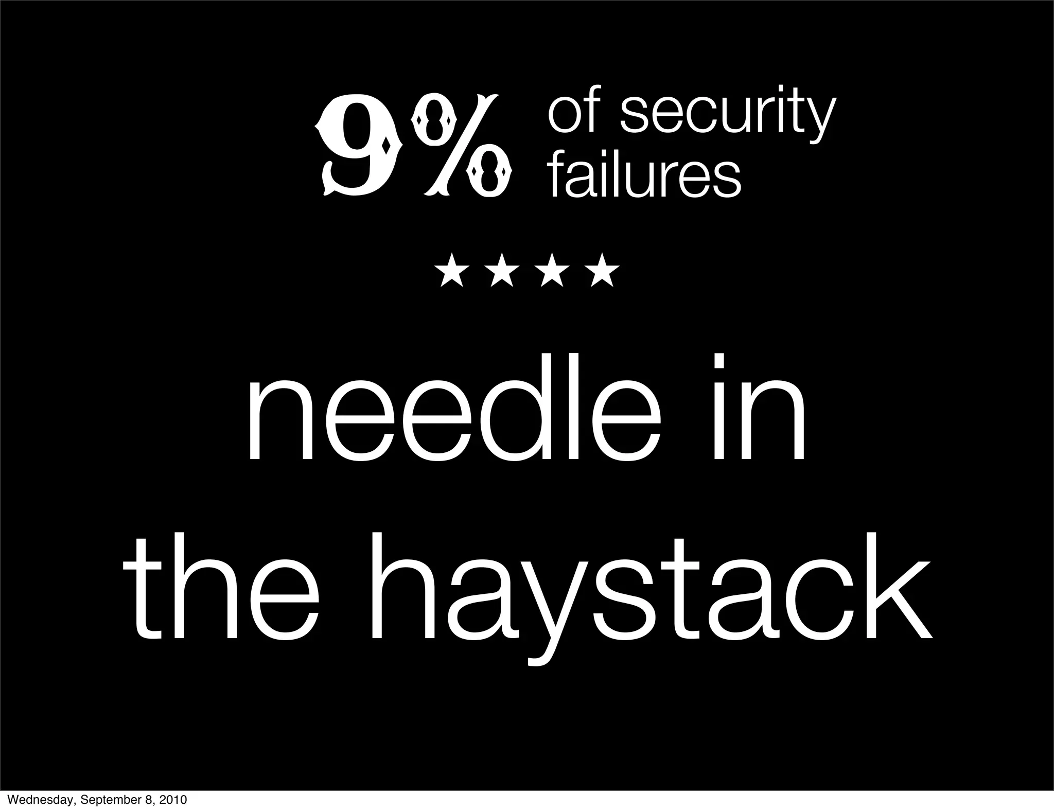 9%   of security
                                    failures


                   needle in
                 the haystack
Wednesday, September 8, 2010
 