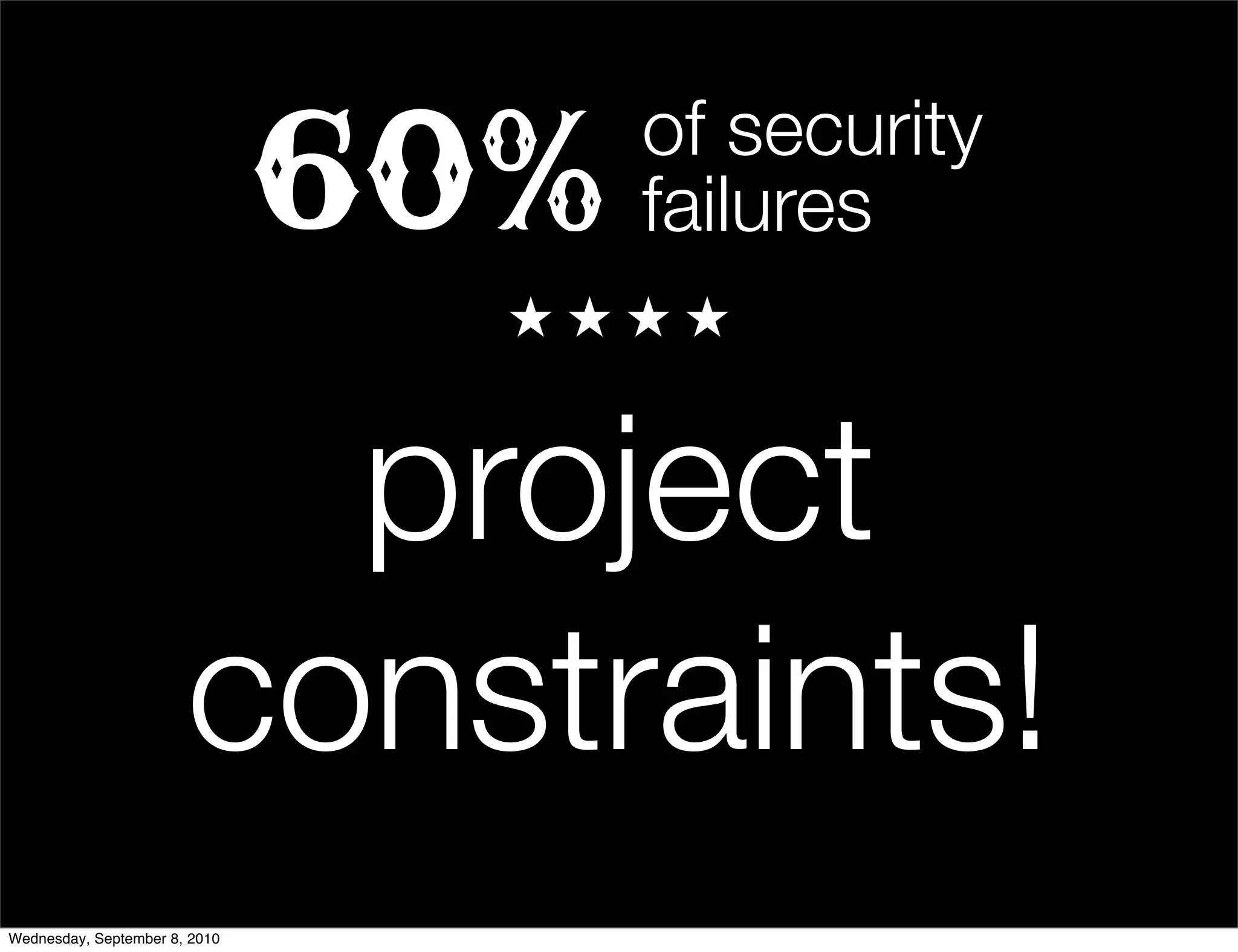 60%   of security
                                     failures


                         project
                       constraints!
Wednesday, September 8, 2010
 