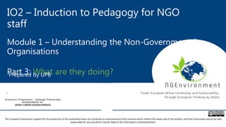 IO2 – Induction to Pedagogy for NGO
staff
Module 1 – Understanding the Non-Governmental
Organisations
Part 3: What are they doing?Prepared by UPB
The European Commission support for the production of this publication does not constitute an endorsement of the contents which reflects the views only of the authors, and the Commission cannot be held
responsible for any use which may be made of the information contained therein.
 