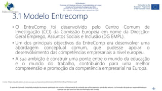 NGAmbiente -
Promover a Cidadania Activa e a Sustentabilidade na Europa
Através do Pensamento Ecológico das ONG
Número do Projecto: 2018-1-DE02-KA204-005014
IO2 - Indução à Pedagogia para o pessoal das ONG
Este projecto foi financiado com o apoio da Comissão Europeia. Esta publicação reflecte apenas a opinião do autor e a Comissão não pode ser responsabilizada por
qualquer utilização que possa ser feita das informações nela contidas. -5-
3.1 Modelo Entrecomp
• O EntreComp foi desenvolvido pelo Centro Comum de
Investigação (CCI) da Comissão Europeia em nome da Direcção-
Geral Emprego, Assuntos Sociais e Inclusão (DG EMPL).
• Um dos principais objectivos da EntreComp era desenvolver uma
abordagem conceptual comum, que pudesse apoiar o
desenvolvimento das competências empresariais a nível europeu.
• A sua ambição é construir uma ponte entre o mundo da educação
e o mundo do trabalho, contribuindo para uma melhor
compreensão e promoção da competência empresarial na Europa.
Fonte: https://publications.jrc.ec.europa.eu/repository/bitstream/JRC101581/lfna27939enn.pdf
O apoio da Comissão Europeia à produção da presente publicação não constitui uma aprovação do conteúdo que reflicta apenas a opinião dos autores, e a Comissão não pode ser responsabilizada por
qualquer uso que possa ser feito da informação nela contida.
 