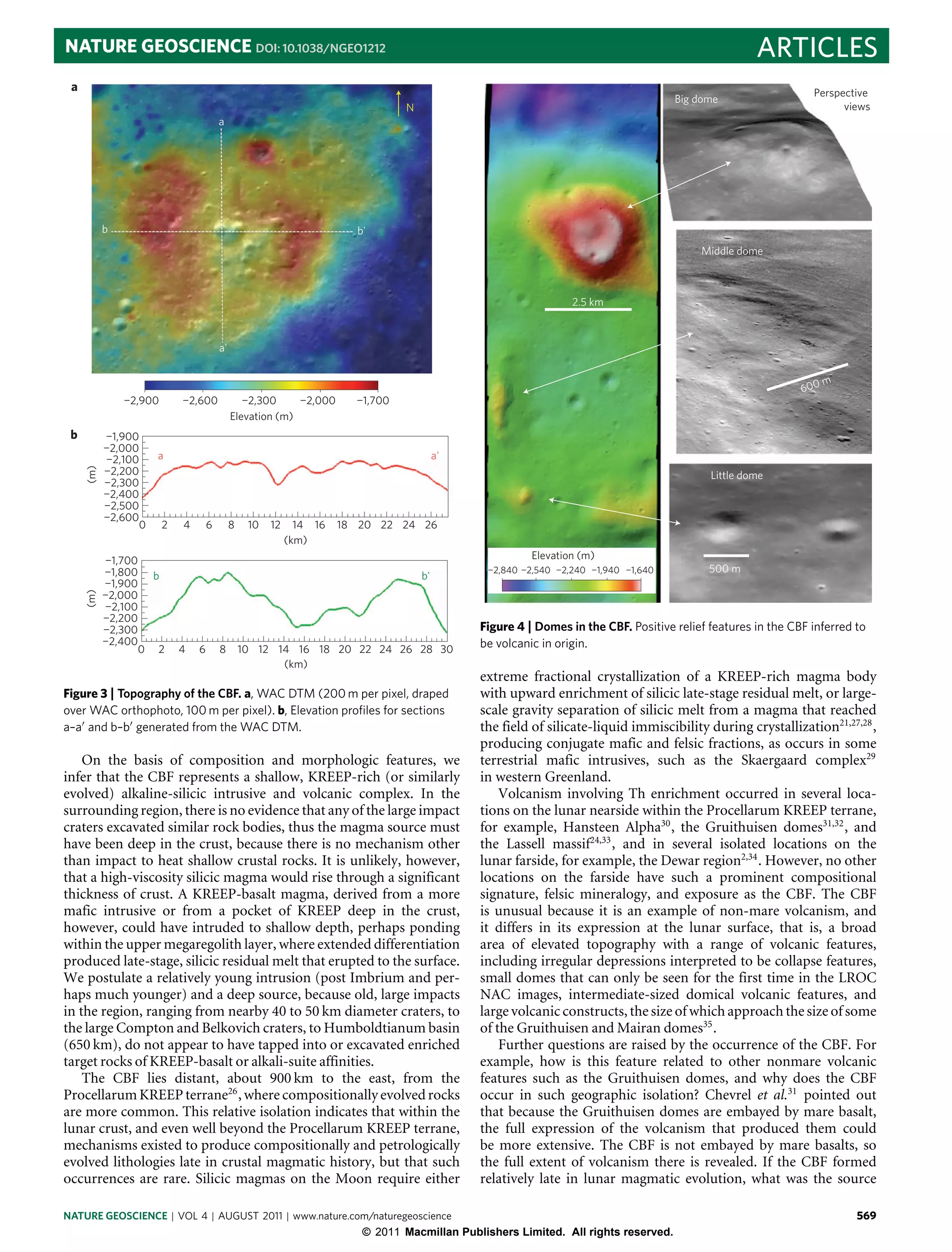 NATURE GEOSCIENCE DOI: 10.1038/NGEO1212                                                                                                              ARTICLES
 a                                                                                                                                                              Perspective
                                                                                                                                     Big dome
                                                                                 N                                                                                    views
                                        a




           b                                                            b'
                                                                                                                                          Middle dome



                                                                                                                 2.5 km



                                        a'

                                                                                                                                                                    m
                                                                                                                                                              600
               ¬2,900       ¬2,600              ¬2,300     ¬2,000       ¬1,700
                                             Elevation (m)
 b         ¬1,900
           ¬2,000
           ¬2,100    a                                                                    a'
           ¬2,200
     (m)




                                                                                                                                            Little dome
           ¬2,300
           ¬2,400
           ¬2,500
           ¬2,600
                 0      2   4       6        8    10   12     14 16   18 20 22 24 26
                                                            (km)
           ¬1,700                                                                                        Elevation (m)
           ¬1,800 b                                                                             ¬2,840 ¬2,540 ¬2,240 ¬1,940 ¬1,640          500 m
                                                                                     b'
           ¬1,900
           ¬2,000
     (m)




           ¬2,100
           ¬2,200
           ¬2,300                                                                              Figure 4 | Domes in the CBF. Positive relief features in the CBF inferred to
           ¬2,400                                                                              be volcanic in origin.
                 0 2        4   6       8        10 12 14 16 18 20 22 24 26 28 30
                                                        (km)
                                                                                               extreme fractional crystallization of a KREEP-rich magma body
Figure 3 | Topography of the CBF. a, WAC DTM (200 m per pixel, draped                          with upward enrichment of silicic late-stage residual melt, or large-
over WAC orthophoto, 100 m per pixel). b, Elevation proﬁles for sections                       scale gravity separation of silicic melt from a magma that reached
a–a and b–b generated from the WAC DTM.                                                        the field of silicate-liquid immiscibility during crystallization21,27,28 ,
                                                                                               producing conjugate mafic and felsic fractions, as occurs in some
    On the basis of composition and morphologic features, we                                   terrestrial mafic intrusives, such as the Skaergaard complex29
infer that the CBF represents a shallow, KREEP-rich (or similarly                              in western Greenland.
evolved) alkaline-silicic intrusive and volcanic complex. In the                                   Volcanism involving Th enrichment occurred in several loca-
surrounding region, there is no evidence that any of the large impact                          tions on the lunar nearside within the Procellarum KREEP terrane,
craters excavated similar rock bodies, thus the magma source must                              for example, Hansteen Alpha30 , the Gruithuisen domes31,32 , and
have been deep in the crust, because there is no mechanism other                               the Lassell massif24,33 , and in several isolated locations on the
than impact to heat shallow crustal rocks. It is unlikely, however,                            lunar farside, for example, the Dewar region2,34 . However, no other
that a high-viscosity silicic magma would rise through a significant                           locations on the farside have such a prominent compositional
thickness of crust. A KREEP-basalt magma, derived from a more                                  signature, felsic mineralogy, and exposure as the CBF. The CBF
mafic intrusive or from a pocket of KREEP deep in the crust,                                   is unusual because it is an example of non-mare volcanism, and
however, could have intruded to shallow depth, perhaps ponding                                 it differs in its expression at the lunar surface, that is, a broad
within the upper megaregolith layer, where extended differentiation                            area of elevated topography with a range of volcanic features,
produced late-stage, silicic residual melt that erupted to the surface.                        including irregular depressions interpreted to be collapse features,
We postulate a relatively young intrusion (post Imbrium and per-                               small domes that can only be seen for the first time in the LROC
haps much younger) and a deep source, because old, large impacts                               NAC images, intermediate-sized domical volcanic features, and
in the region, ranging from nearby 40 to 50 km diameter craters, to                            large volcanic constructs, the size of which approach the size of some
the large Compton and Belkovich craters, to Humboldtianum basin                                of the Gruithuisen and Mairan domes35 .
(650 km), do not appear to have tapped into or excavated enriched                                  Further questions are raised by the occurrence of the CBF. For
target rocks of KREEP-basalt or alkali-suite affinities.                                       example, how is this feature related to other nonmare volcanic
    The CBF lies distant, about 900 km to the east, from the                                   features such as the Gruithuisen domes, and why does the CBF
Procellarum KREEP terrane26 , where compositionally evolved rocks                              occur in such geographic isolation? Chevrel et al.31 pointed out
are more common. This relative isolation indicates that within the                             that because the Gruithuisen domes are embayed by mare basalt,
lunar crust, and even well beyond the Procellarum KREEP terrane,                               the full expression of the volcanism that produced them could
mechanisms existed to produce compositionally and petrologically                               be more extensive. The CBF is not embayed by mare basalts, so
evolved lithologies late in crustal magmatic history, but that such                            the full extent of volcanism there is revealed. If the CBF formed
occurrences are rare. Silicic magmas on the Moon require either                                relatively late in lunar magmatic evolution, what was the source

NATURE GEOSCIENCE | VOL 4 | AUGUST 2011 | www.nature.com/naturegeoscience                                                                                                569
                                                                         © 2011 Macmillan Publishers Limited. All rights reserved.
 
