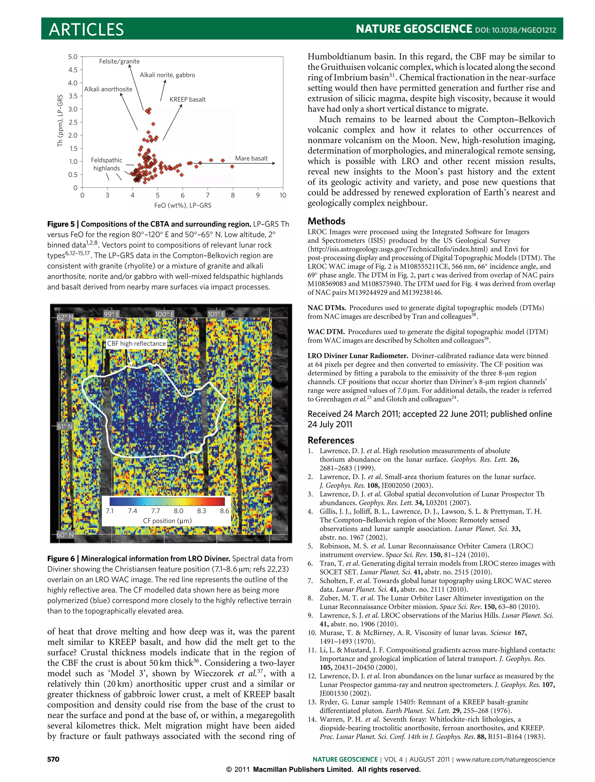 ARTICLES                                                                                                                      NATURE GEOSCIENCE DOI: 10.1038/NGEO1212

                     5.0                                                                                      Humboldtianum basin. In this regard, the CBF may be similar to
                                 Felsite/granite
                     4.5                                                                                      the Gruithuisen volcanic complex, which is located along the second
                                                   Alkali norite, gabbro                                      ring of Imbrium basin31 . Chemical fractionation in the near-surface
                     4.0
                           Alkali anorthosite                                                                 setting would then have permitted generation and further rise and
                     3.5
  Th (ppm), LP–GRS




                                                              KREEP basalt                                    extrusion of silicic magma, despite high viscosity, because it would
                     3.0                                                                                      have had only a short vertical distance to migrate.
                     2.5                                                                                         Much remains to be learned about the Compton–Belkovich
                                                                                                              volcanic complex and how it relates to other occurrences of
                     2.0
                                                                                                              nonmare volcanism on the Moon. New, high-resolution imaging,
                     1.5                                                                                      determination of morphologies, and mineralogical remote sensing,
                     1.0       Feldspathic                                                 Mare basalt
                                                                                                              which is possible with LRO and other recent mission results,
                                highlands
                     0.5                                                                                      reveal new insights to the Moon’s past history and the extent
                                                                                                              of its geologic activity and variety, and pose new questions that
                      0
                           0        3        4          5       6      7               8          9      10   could be addressed by renewed exploration of Earth’s nearest and
                                                        FeO (wt%), LP–GRS                                     geologically complex neighbour.

Figure 5 | Compositions of the CBTA and surrounding region. LP–GRS Th                                         Methods
versus FeO for the region 80◦ –120◦ E and 50◦ –65◦ N. Low altitude, 2◦                                        LROC Images were processed using the Integrated Software for Imagers
                                                                                                              and Spectrometers (ISIS) produced by the US Geological Survey
binned data1,2,8 . Vectors point to compositions of relevant lunar rock                                       (http://isis.astrogeology.usgs.gov/TechnicalInfo/index.html) and Envi for
types6,12–15,17 . The LP–GRS data in the Compton–Belkovich region are                                         post-processing display and processing of Digital Topographic Models (DTM). The
consistent with granite (rhyolite) or a mixture of granite and alkali                                         LROC WAC image of Fig. 2 is M108555211CE, 566 nm, 66◦ incidence angle, and
anorthosite, norite and/or gabbro with well-mixed feldspathic highlands                                       69◦ phase angle. The DTM in Fig. 2, part c was derived from overlap of NAC pairs
and basalt derived from nearby mare surfaces via impact processes.                                            M108569083 and M108575940. The DTM used for Fig. 4 was derived from overlap
                                                                                                              of NAC pairs M139244929 and M139238146.

                                                                                                              NAC DTMs. Procedures used to generate digital topographic models (DTMs)
   62° N                           99° E                100° E               101° E                           from NAC images are described by Tran and colleagues38 .

                                                                                                              WAC DTM. Procedures used to generate the digital topographic model (DTM)
                                    CBF high reflectance                                                      from WAC images are described by Scholten and colleagues39 .

                                                                                                              LRO Diviner Lunar Radiometer. Diviner-calibrated radiance data were binned
                                                                                                              at 64 pixels per degree and then converted to emissivity. The CF position was
                                                                                                              determined by fitting a parabola to the emissivity of the three 8-µm region
                                                                                                              channels. CF positions that occur shorter than Diviner’s 8-µm region channels’
                                                                                                              range were assigned values of 7.0 µm. For additional details, the reader is referred
                                                                                                              to Greenhagen et al.23 and Glotch and colleagues24 .

                                                                                                              Received 24 March 2011; accepted 22 June 2011; published online
    61° N                                                                                                     24 July 2011
                                                                                                              References
                                                                                                              1. Lawrence, D. J. et al. High resolution measurements of absolute
                                                                                                                  thorium abundance on the lunar surface. Geophys. Res. Lett. 26,
                                                                                                                  2681–2683 (1999).
                                                                                                              2. Lawrence, D. J. et al. Small-area thorium features on the lunar surface.
                                                                                                                  J. Geophys. Res. 108, JE002050 (2003).
                                                                                                              3. Lawrence, D. J. et al. Global spatial deconvolution of Lunar Prospector Th
                                                                                                                  abundances. Geophys. Res. Lett. 34, L03201 (2007).
                                    7.1      7.4      7.7      8.0   8.3         8.6                          4. Gillis, J. J., Jolliff, B. L., Lawrence, D. J., Lawson, S. L. & Prettyman, T. H.
                                                    CF position (µm)                                              The Compton–Belkovich region of the Moon: Remotely sensed
                                                                                                                  observations and lunar sample association. Lunar Planet. Sci. 33,
   60° N                                                                                                          abstr. no. 1967 (2002).
                                                                                                              5. Robinson, M. S. et al. Lunar Reconnaissance Orbiter Camera (LROC)
                                                                                                                  instrument overview. Space Sci. Rev. 150, 81–124 (2010).
Figure 6 | Mineralogical information from LRO Diviner. Spectral data from
                                                                                                              6. Tran, T. et al. Generating digital terrain models from LROC stereo images with
Diviner showing the Christiansen feature position (7.1–8.6 µm; refs 22,23)                                        SOCET SET. Lunar Planet. Sci. 41, abstr. no. 2515 (2010).
overlain on an LRO WAC image. The red line represents the outline of the                                      7. Scholten, F. et al. Towards global lunar topography using LROC WAC stereo
highly reﬂective area. The CF modelled data shown here as being more                                              data. Lunar Planet. Sci. 41, abstr. no. 2111 (2010).
polymerized (blue) correspond more closely to the highly reﬂective terrain                                    8. Zuber, M. T. et al. The Lunar Orbiter Laser Altimeter investigation on the
                                                                                                                  Lunar Reconnaissance Orbiter mission. Space Sci. Rev. 150, 63–80 (2010).
than to the topographically elevated area.
                                                                                                              9. Lawrence, S. J. et al. LROC observations of the Marius Hills. Lunar Planet. Sci.
                                                                                                                  41, abstr. no. 1906 (2010).
of heat that drove melting and how deep was it, was the parent                                                10. Murase, T. & McBirney, A. R. Viscosity of lunar lavas. Science 167,
melt similar to KREEP basalt, and how did the melt get to the                                                     1491–1493 (1970).
surface? Crustal thickness models indicate that in the region of                                              11. Li, L. & Mustard, J. F. Compositional gradients across mare-highland contacts:
                                                                                                                  Importance and geological implication of lateral transport. J. Geophys. Res.
the CBF the crust is about 50 km thick36 . Considering a two-layer                                                105, 20431–20450 (2000).
model such as ‘Model 3’, shown by Wieczorek et al.37 , with a                                                 12. Lawrence, D. J. et al. Iron abundances on the lunar surface as measured by the
relatively thin (20 km) anorthositic upper crust and a similar or                                                 Lunar Prospector gamma-ray and neutron spectrometers. J. Geophys. Res. 107,
greater thickness of gabbroic lower crust, a melt of KREEP basalt                                                 JE001530 (2002).
composition and density could rise from the base of the crust to                                              13. Ryder, G. Lunar sample 15405: Remnant of a KREEP basalt-granite
                                                                                                                  differentiated pluton. Earth Planet. Sci. Lett. 29, 255–268 (1976).
near the surface and pond at the base of, or within, a megaregolith                                           14. Warren, P. H. et al. Seventh foray: Whitlockite-rich lithologies, a
several kilometres thick. Melt migration might have been aided                                                    diopside-bearing troctolitic anorthosite, ferroan anorthosites, and KREEP.
by fracture or fault pathways associated with the second ring of                                                  Proc. Lunar Planet. Sci. Conf. 14th in J. Geophys. Res. 88, B151–B164 (1983).


570                                                                                                           NATURE GEOSCIENCE | VOL 4 | AUGUST 2011 | www.nature.com/naturegeoscience
                                                                                      © 2011 Macmillan Publishers Limited. All rights reserved.
 