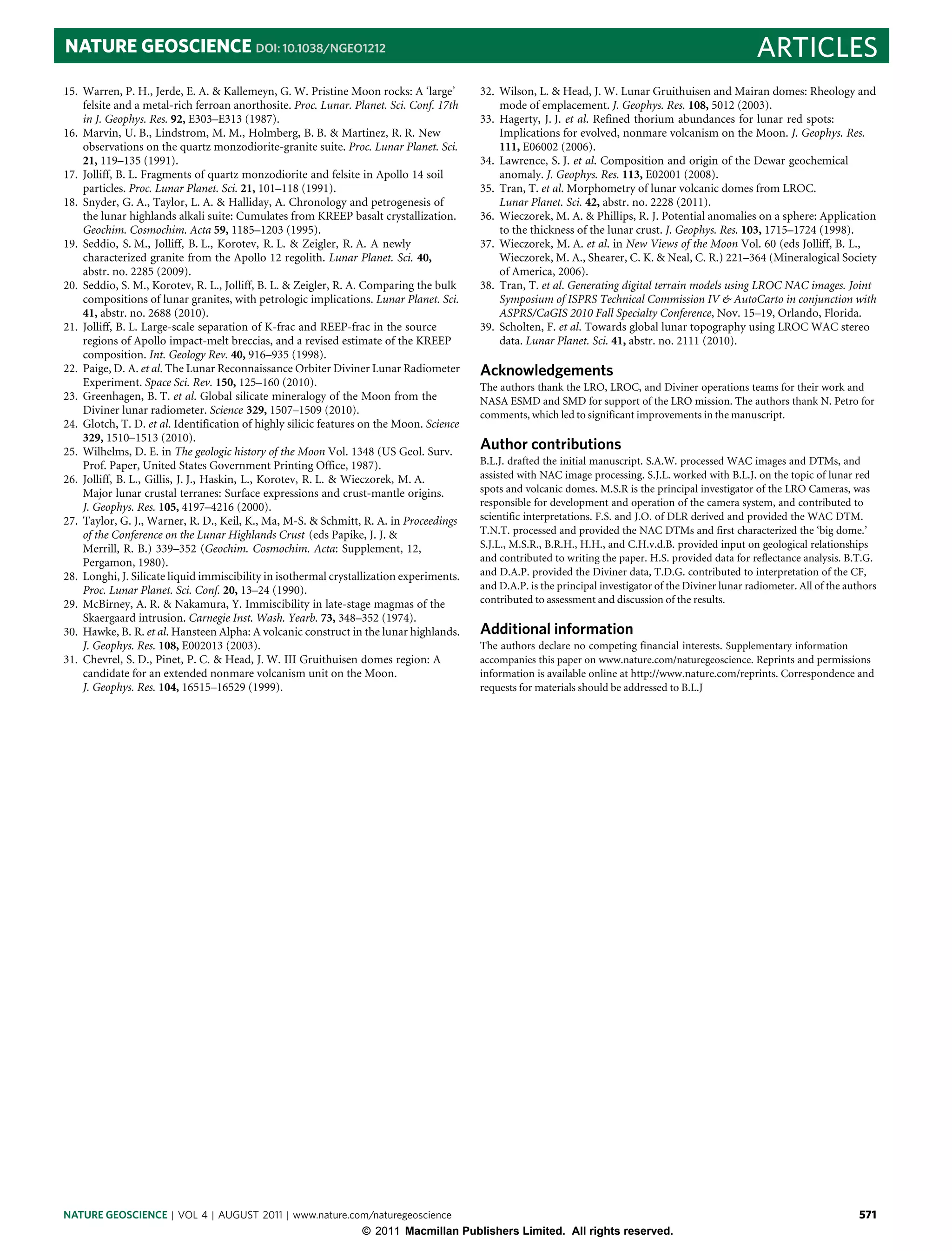 NATURE GEOSCIENCE DOI: 10.1038/NGEO1212                                                                                                                   ARTICLES
15. Warren, P. H., Jerde, E. A. & Kallemeyn, G. W. Pristine Moon rocks: A ‘large’         32. Wilson, L. & Head, J. W. Lunar Gruithuisen and Mairan domes: Rheology and
    felsite and a metal-rich ferroan anorthosite. Proc. Lunar. Planet. Sci. Conf. 17th        mode of emplacement. J. Geophys. Res. 108, 5012 (2003).
    in J. Geophys. Res. 92, E303–E313 (1987).                                             33. Hagerty, J. J. et al. Refined thorium abundances for lunar red spots:
16. Marvin, U. B., Lindstrom, M. M., Holmberg, B. B. & Martinez, R. R. New                    Implications for evolved, nonmare volcanism on the Moon. J. Geophys. Res.
    observations on the quartz monzodiorite-granite suite. Proc. Lunar Planet. Sci.           111, E06002 (2006).
    21, 119–135 (1991).                                                                   34. Lawrence, S. J. et al. Composition and origin of the Dewar geochemical
17. Jolliff, B. L. Fragments of quartz monzodiorite and felsite in Apollo 14 soil             anomaly. J. Geophys. Res. 113, E02001 (2008).
    particles. Proc. Lunar Planet. Sci. 21, 101–118 (1991).                               35. Tran, T. et al. Morphometry of lunar volcanic domes from LROC.
18. Snyder, G. A., Taylor, L. A. & Halliday, A. Chronology and petrogenesis of                Lunar Planet. Sci. 42, abstr. no. 2228 (2011).
    the lunar highlands alkali suite: Cumulates from KREEP basalt crystallization.        36. Wieczorek, M. A. & Phillips, R. J. Potential anomalies on a sphere: Application
    Geochim. Cosmochim. Acta 59, 1185–1203 (1995).                                            to the thickness of the lunar crust. J. Geophys. Res. 103, 1715–1724 (1998).
19. Seddio, S. M., Jolliff, B. L., Korotev, R. L. & Zeigler, R. A. A newly                37. Wieczorek, M. A. et al. in New Views of the Moon Vol. 60 (eds Jolliff, B. L.,
    characterized granite from the Apollo 12 regolith. Lunar Planet. Sci. 40,                 Wieczorek, M. A., Shearer, C. K. & Neal, C. R.) 221–364 (Mineralogical Society
    abstr. no. 2285 (2009).                                                                   of America, 2006).
20. Seddio, S. M., Korotev, R. L., Jolliff, B. L. & Zeigler, R. A. Comparing the bulk     38. Tran, T. et al. Generating digital terrain models using LROC NAC images. Joint
    compositions of lunar granites, with petrologic implications. Lunar Planet. Sci.          Symposium of ISPRS Technical Commission IV & AutoCarto in conjunction with
    41, abstr. no. 2688 (2010).                                                               ASPRS/CaGIS 2010 Fall Specialty Conference, Nov. 15–19, Orlando, Florida.
21. Jolliff, B. L. Large-scale separation of K-frac and REEP-frac in the source           39. Scholten, F. et al. Towards global lunar topography using LROC WAC stereo
    regions of Apollo impact-melt breccias, and a revised estimate of the KREEP               data. Lunar Planet. Sci. 41, abstr. no. 2111 (2010).
    composition. Int. Geology Rev. 40, 916–935 (1998).
22. Paige, D. A. et al. The Lunar Reconnaissance Orbiter Diviner Lunar Radiometer         Acknowledgements
    Experiment. Space Sci. Rev. 150, 125–160 (2010).                                      The authors thank the LRO, LROC, and Diviner operations teams for their work and
23. Greenhagen, B. T. et al. Global silicate mineralogy of the Moon from the              NASA ESMD and SMD for support of the LRO mission. The authors thank N. Petro for
    Diviner lunar radiometer. Science 329, 1507–1509 (2010).                              comments, which led to significant improvements in the manuscript.
24. Glotch, T. D. et al. Identification of highly silicic features on the Moon. Science
    329, 1510–1513 (2010).
25. Wilhelms, D. E. in The geologic history of the Moon Vol. 1348 (US Geol. Surv.
                                                                                          Author contributions
    Prof. Paper, United States Government Printing Office, 1987).                         B.L.J. drafted the initial manuscript. S.A.W. processed WAC images and DTMs, and
26. Jolliff, B. L., Gillis, J. J., Haskin, L., Korotev, R. L. & Wieczorek, M. A.          assisted with NAC image processing. S.J.L. worked with B.L.J. on the topic of lunar red
    Major lunar crustal terranes: Surface expressions and crust-mantle origins.           spots and volcanic domes. M.S.R is the principal investigator of the LRO Cameras, was
    J. Geophys. Res. 105, 4197–4216 (2000).                                               responsible for development and operation of the camera system, and contributed to
27. Taylor, G. J., Warner, R. D., Keil, K., Ma, M-S. & Schmitt, R. A. in Proceedings      scientific interpretations. F.S. and J.O. of DLR derived and provided the WAC DTM.
    of the Conference on the Lunar Highlands Crust (eds Papike, J. J. &                   T.N.T. processed and provided the NAC DTMs and first characterized the ‘big dome.’
    Merrill, R. B.) 339–352 (Geochim. Cosmochim. Acta: Supplement, 12,                    S.J.L., M.S.R., B.R.H., H.H., and C.H.v.d.B. provided input on geological relationships
    Pergamon, 1980).                                                                      and contributed to writing the paper. H.S. provided data for reflectance analysis. B.T.G.
28. Longhi, J. Silicate liquid immiscibility in isothermal crystallization experiments.   and D.A.P. provided the Diviner data, T.D.G. contributed to interpretation of the CF,
    Proc. Lunar Planet. Sci. Conf. 20, 13–24 (1990).                                      and D.A.P. is the principal investigator of the Diviner lunar radiometer. All of the authors
29. McBirney, A. R. & Nakamura, Y. Immiscibility in late-stage magmas of the              contributed to assessment and discussion of the results.
    Skaergaard intrusion. Carnegie Inst. Wash. Yearb. 73, 348–352 (1974).
30. Hawke, B. R. et al. Hansteen Alpha: A volcanic construct in the lunar highlands.      Additional information
    J. Geophys. Res. 108, E002013 (2003).                                                 The authors declare no competing financial interests. Supplementary information
31. Chevrel, S. D., Pinet, P. C. & Head, J. W. III Gruithuisen domes region: A            accompanies this paper on www.nature.com/naturegeoscience. Reprints and permissions
    candidate for an extended nonmare volcanism unit on the Moon.                         information is available online at http://www.nature.com/reprints. Correspondence and
    J. Geophys. Res. 104, 16515–16529 (1999).                                             requests for materials should be addressed to B.L.J




NATURE GEOSCIENCE | VOL 4 | AUGUST 2011 | www.nature.com/naturegeoscience                                                                                                        571
                                                                 © 2011 Macmillan Publishers Limited. All rights reserved.
 