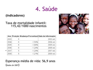 4. Saúde (Indicadores) Taxa de mortalidade infantil:   115,42/1000 nascimentos “ Uma em cada cinco crianças morre antes dos cinco anos” – Tine Esperança média de vida: 56,9 anos ( dados de 2007 ) 