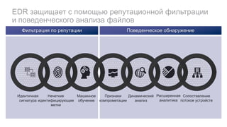 EDR защищает с помощью репутационной фильтрации
и поведенческого анализа файлов
Фильтрация по репутации Поведенческое обнаружение
Динамический
анализ
Машинное
обучение
Нечеткие
идентифицирующие
метки
Расширенная
аналитика
Идентичная
сигнатура
Признаки
компрометации
Сопоставление
потоков устройств
 