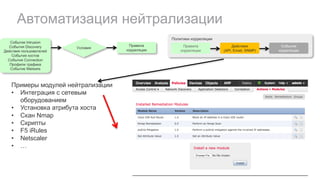 Автоматизация нейтрализации
Примеры модулей нейтрализации
• Интеграция с сетевым
оборудованием
• Установка атрибута хоста
• Скан Nmap
• Скрипты
• F5 iRules
• Netscaler
• …
События Intrusion
События Discovery
Действия пользователей
События хостов
События Connection
Профили трафика
Событие Malware
Правила
корреляции
Условия
Политики корреляции
Правила
корреляции
События
корреляции
Действия
(API, Email, SNMP)
 