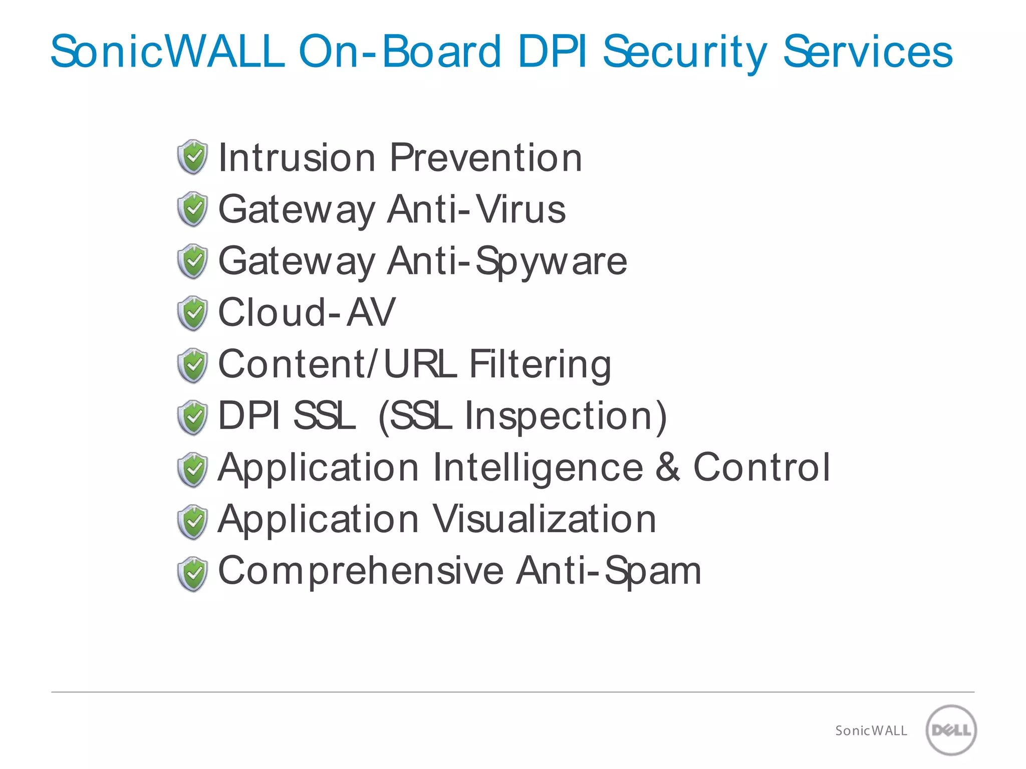 28 SonicWALLConfidential
SonicWALL On-Board DPI Security Services
Intrusion Prevention
Gateway Anti-Virus
Gateway Anti-Spyware
Cloud-AV
Content/URL Filtering
DPI SSL (SSL Inspection)
Application Intelligence & Control
Application Visualization
Comprehensive Anti-Spam
 