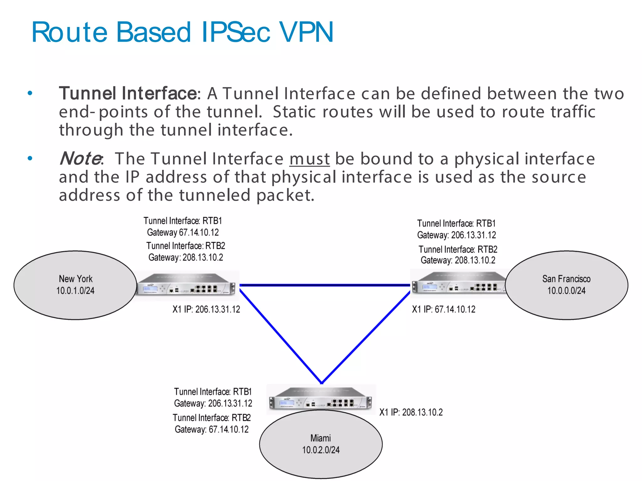 32 SonicWALLConfidential
Route Based IPSec VPN
• Tunnel Interface: A Tunnel Interface can be defined between the two
end- points of the tunnel. Static routes will be used to route traffic
through the tunnel interface.
• Note: The Tunnel Interface must be bound to a physical interface
and the IP address of that physical interface is used as the source
address of the tunneled packet.
 
