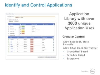 17 SonicWALLConfidential
Identify and Control Applications
Application
Library with over
3800 unique
Application Uses
Granular Control
Allow Facebook, Block
Farmville
Allow Chat, Block File Transfer
- Group/User Based
- Schedule Based
- Exceptions
 