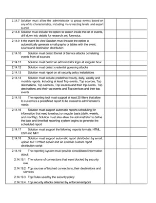 2.14.7 Solution must allow the administrator to group events based on
any of its characteristics, including many nesting levels and export
to PDF
2.14.8 Solution must include the option to search inside the list of events,
drill down into details for research and forensics.
2.14.9 It the event list view Solution must include the option to
automatically generate small graphs or tables with the event,
source and destination distribution
2.14.10 Solution must detect Denial of Service attacks correlating
events from all sources
2.14.11 Solution must detect an administrator login at irregular hour
2.14.12 Solution must detect credential guessing attacks
2.14.13 Solution must report on all security policy installations
2.14.14 Solution must include predefined hourly, daily, weekly and
monthly reports. Including at least Top events, Top sources, Top
destinations, Top services, Top sources and their top events, Top
destinations and their top events and Top services and their top
events
2.14.15 The reporting tool must support at least 25 filters that allow
to customize a predefined report to be closest to administrator’s
needs
2.14.16 Solution must support automatic reports scheduling for
information that need to extract on regular basis (daily, weekly,
and monthly). Solution must also allow the administrator to define
the date and time that reporting system begins to generate the
scheduled report
2.14.17 Solution must support the following reports formats: HTML,
CSV and MHT
2.14.18 Solution must support automatic report distribution by email,
upload to FTP/Web server and an external custom report
distribution script
2.14.19 The reporting system must provide consolidated information
about:
2.14.19.1 The volume of connections that were blocked by security
rule.
2.14.19.2 Top sources of blocked connections, their destinations and
services
2.14.19.3 Top Rules used by the security policy
2.14.19.4 Top security attacks detected by enforcement point
 