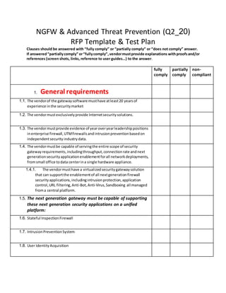 NGFW & Advanced Threat Prevention (Q2_02)
RFP Template & Test Plan
Clauses should be answered with “fully comply” or “partially comply” or “does not comply” answer.
If answered“partiallycomply” or“fullycomply”,vendormustprovide explanations withproofsand/or
references (screen shots, links, reference to user guides…) to the answer.
fully
comply
partially
comply
non-
compliant
1. General requirements
1.1. The vendorof the gatewaysoftware musthave atleast20 yearsof
experience inthe securitymarket
1.2. The vendormustexclusivelyprovide Internetsecuritysolutions.
1.3. The vendormustprovide evidence of yearoveryearleadershippositions
inenterprise firewall,UTMfirewallsandintrusionpreventionbasedon
independentsecurity industrydata.
1.4. The vendormustbe capable of servingthe entire scope of security
gatewayrequirements,includingthroughput,connectionrate andnext
generationsecurityapplicationenablementforall networkdeployments,
fromsmall office todata centerina single hardware appliance.
1.4.1. The vendormusthave a virtualizedsecuritygatewaysolution
that can supportthe enablementof all nextgenerationfirewall
securityapplications,includingintrusionprotection,application
control,URL filtering,Anti-Bot,Anti-Virus,Sandboxing all managed
froma central platform.
1.5. The next generation gateway must be capable of supporting
these next generation security applications on a unified
platform:
1.6. Stateful InspectionFirewall
1.7. IntrusionPreventionSystem
1.8. User IdentityAcquisition
 