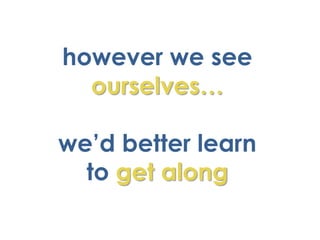 however we see
  ourselves…

we’d better learn
  to get along
 