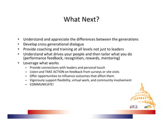 What Next?

•   Understand and appreciate the differences between the generations
•   Develop cross generational dialogue
•   Provide coaching and training at all levels not just to leaders
•   Understand what drives your people and then tailor what you do 
    (performance feedback, recognition, rewards, mentoring)
•   Leverage what works 
     –   Provide connections with leaders and personal touch
     –   Listen and TAKE ACTION on feedback from surveys or site visits
     –   Offer opportunities to influence outcomes that affect them
     –   Vigorously support flexibility, virtual work, and community involvement
     –   COMMUNICATE!
 