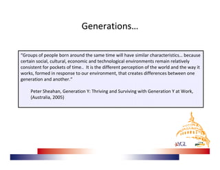 Generations…

“Groups of people born around the same time will have similar characteristics… because 
certain social, cultural, economic and technological environments remain relatively 
consistent for pockets of time..  It is the different perception of the world and the way it 
works, formed in response to our environment, that creates differences between one 
generation and another.“

     Peter Sheahan, Generation Y: Thriving and Surviving with Generation Y at Work, 
     (Australia, 2005)
 