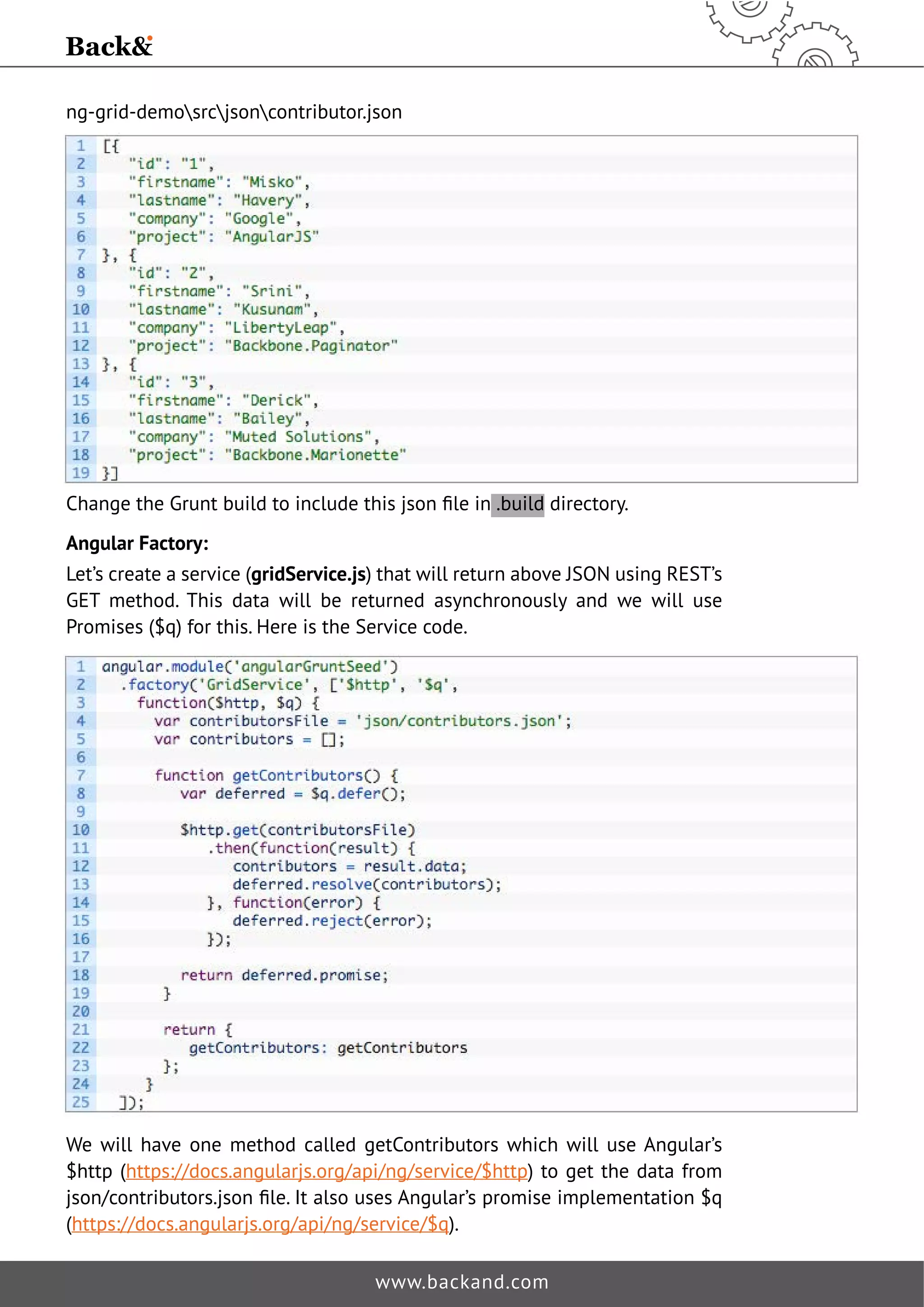 ng-grid-demosrcjsoncontributor.json 
KDQJHWKH*UXQWEXLOGWRLQFOXGHWKLVMVRQˉOHLQ .build directory. 
Angular Factory: 
Let’s create a service (gridService.js) that will return above JSON using REST’s 
GET method. This data will be returned asynchronously and we will use 
Promises ($q) for this. Here is the Service code. 
We will have one method called getContributors which will use Angular’s 
$http (https://docs.angularjs.org/api/ng/service/$http) to get the data from 
MVRQFRQWULEXWRUVMVRQˉOH,WDOVRXVHV$QJXODUȠVSURPLVHLPSOHPHQWDWLRQT 
(https://docs.angularjs.org/api/ng/service/$q). 
www.backand.com 
 