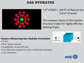 1 ft3 of NGH = 164 ft3 of Natural Gas 
0.8 m3 of water 
2 
GAS HYDRATES 
The compact nature of the hydrate 
structure makes for highly effective 
packing of gas. 
Factors influencing Gas Hydrate Formation 
 P & T 
Pore Water Salinity 
Availability of Gas & Water 
Geo Thermal Gradient in zone of Hydrate formation 
Gas Chemistry 
1 2 
 