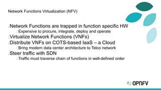 Network Functions Virtualization (NFV)
Network Functions are trapped in function specific HW
Expensive to procure, integrate, deploy and operate
Virtualize Network Functions (VNFs)
Distribute VNFs on COTS-based IaaS – a Cloud
Bring modern data center architecture to Telco network
Steer traffic with SDN
Traffic must traverse chain of functions in well-defined order
 
