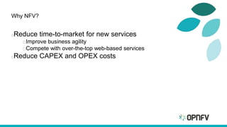 Why NFV?
Reduce time-to-market for new services
Improve business agility
Compete with over-the-top web-based services
Reduce CAPEX and OPEX costs
 