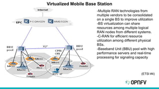 Virtualized Mobile Base Station
-Multiple RAN technologies from
multiple vendors to be consolidated
on a single BS to improve utilization
-BS virtualization can share
resources among multiple logical
RAN nodes from different systems.
-C-RAN for efficient resource
utilization among different physical
BSs.
-Baseband Unit (BBU) pool with high
performance servers and real-time
processing for signaling capacity
(ETSI #4)
 