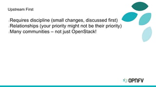 Upstream First
Requires discipline (small changes, discussed first)
Relationships (your priority might not be their priority)
Many communities – not just OpenStack!
 