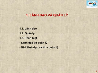 33
1. LÃNH ĐẠO VÀ QUẢN LÝ
1.1. Lãnh đạo
1.2. Quản lý
1.3. Phân biệt
- Lãnh đạo và quản lý
- Nhà lãnh đạo và Nhà quản lý
 