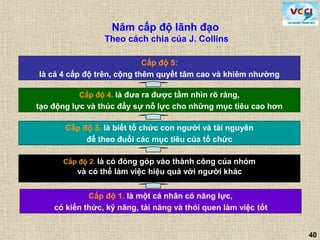 40
Cấp độ 1. là một cá nhân có năng lực,
có kiến thức, kỹ năng, tài năng và thói quen làm việc tốt
Cấp độ 2. là có đóng góp vào thành công của nhóm
và có thể làm việc hiệu quả với người khác
Cấp độ 3. là biết tổ chức con người và tài nguyên
để theo đuổi các mục tiêu của tổ chức
Cấp độ 4. là đưa ra được tầm nhìn rõ ràng,
tạo động lực và thúc đẩy sự nỗ lực cho những mục tiêu cao hơn
Cấp độ 5:
là cả 4 cấp độ trên, cộng thêm quyết tâm cao và khiêm nhường
Năm cấp độ lãnh đạo
Theo cách chia của J. Collins
 