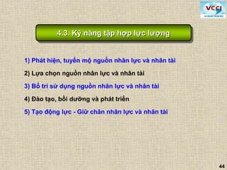 44
1) Phát hiện, tuyển mộ nguồn nhân lực và nhân tài
2) Lựa chọn nguồn nhân lực và nhân tài
3) Bố trí sử dụng nguồn nhân lực và nhân tài
4) Đào tạo, bồi dưỡng và phát triển
5) Tạo động lực - Giữ chân nhân lực và nhân tài
4.3. Kỹ năng tập hợp lực lượng
 
