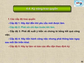 52
f. Các cấp độ trao quyền
- Cấp độ 1: Hãy đợi đến khi yêu cầu mới được làm.
- Cấp độ 2: Phải xin chỉ đạo trước khi làm.
- Cấp độ 3: Phải đề xuất ý kiến và chứng tỏ bằng kết quả công
việc.
- Cấp độ 4: Hãy tiến hành công việc nhưng phải thông báo ngay
sau mỗi lần triển khai.
- Cấp độ 5: Hãy tự làm và báo cáo đều đặn theo định kỳ
4.4. Kỹ năng trao quyền
 