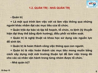 6
18-Sep-15
6
1.2. QUẢN TRỊ - NHÀ QUẢN TRỊ
- Quản trị
+ Là một quá trình làm việc với và làm việc thông qua những
người khác nhằm đạt các mục tiêu của tổ chức.
+ Quản trịlà dự báo và lập kế hoạch, tổ chức, ra lệnh (lý thuyết
hiện đại thay thế bằng định hướng), điều phối và kiểm soát.
+ Quản trị là nghệ thuật và khoa học sử dụng các nguồn lực
để sinh lời.
+ Quản trị là hoàn thành công việc thông qua con người.
+ Quản trị là việc hoàn thành các mục tiêu mong muốn bằng
cách xây dựng một môi trường thuận lợi để làm việc trong đó
cho các cá nhân vận hành trong từng nhóm được tổ chức.`
- Nhà quản trị?
 