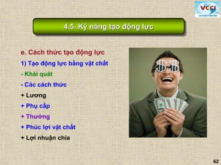 62
e. Cách thức tạo động lực
1) Tạo động lực bằng vật chất
- Khái quát
- Các cách thức
+ Lương
+ Phụ cấp
+ Thưởng
+ Phúc lợi vật chất
+ Lợi nhuận chia
4.5. Kỹ năng tạo động lực
 