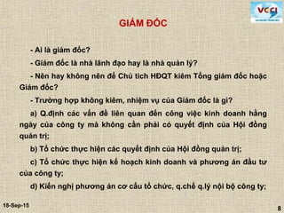 8
18-Sep-15
8
GIÁM ĐỐC
- Ai là giám đốc?
- Giám đốc là nhà lãnh đạo hay là nhà quản lý?
- Nên hay không nên để Chủ tich HĐQT kiêm Tổng giám đốc hoặc
Giám đốc?
- Trường hợp không kiêm, nhiệm vụ của Giám đốc là gì?
a) Q.định các vấn đề liên quan đến công việc kinh doanh hằng
ngày của công ty mà không cần phải có quyết định của Hội đồng
quản trị;
b) Tổ chức thực hiện các quyết định của Hội đồng quản trị;
c) Tổ chức thực hiện kế hoạch kinh doanh và phương án đầu tư
của công ty;
d) Kiến nghị phương án cơ cấu tổ chức, q.chế q.lý nội bộ công ty;
 