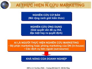 AI THỰC HIỆN N.CỨU MARKETING

                   NGHIÊN CỨU CƠ BẢN
                    NGHIÊN CỨU CƠ BẢN
                (Mở rộng ranh giới kiến thức)
                 (Mở rộng ranh giới kiến thức)


                  NGHIÊN CỨU ỨNG DỤNG
                   NGHIÊN CỨU ỨNG DỤNG
                  (Giải quyết vấn đề cụ thể,
                   (Giải quyết vấn đề cụ thể,
                  đặc biệt hay ra quyết định)
                  đặc biệt hay ra quyết định)


      AI LÀ NGƯỜI THỰC HIỆN NGHIÊN CỨU MARKETING
      AI LÀ NGƯỜI THỰC HIỆN NGHIÊN CỨU MARKETING
•• Bộ phận marketing hoặc phòng marketing của DN (in-house)
   Bộ phận marketing hoặc phòng marketing của DN (in-house)
             •• Các dịch vụ bên ngoài (out-source)
                Các dịch vụ bên ngoài (out-source)


             KHẢ NĂNG CỦA DOANH NGHIỆP
             KHẢ NĂNG CỦA DOANH NGHIỆP


              2009 @ Lê Văn Huy (PhD) – Trường ĐH Kinh Tế - ĐH Đà Nẵng
 