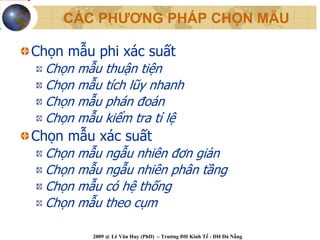 CÁC PHƯƠNG PHÁP CHỌN MẪU

Chọn mẫu phi xác suất
  Chọn mẫu thuận tiện
  Chọn mẫu tích lũy nhanh
  Chọn mẫu phán đoán
  Chọn mẫu kiểm tra tỉ lệ
Chọn mẫu xác suất
  Chọn mẫu ngẫu nhiên đơn giản
  Chọn mẫu ngẫu nhiên phân tầng
  Chọn mẫu có hệ thống
  Chọn mẫu theo cụm

         2009 @ Lê Văn Huy (PhD) – Trường ĐH Kinh Tế - ĐH Đà Nẵng
 