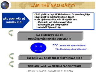 LÀM THẾ NÀO ĐÂY??
                         ••Xuất phát từ thực tế kinh doanh của doanh nghiệp
                           Xuất phát từ thực tế kinh doanh của doanh nghiệp
                         ••Xuất phát từ môi trường kinh doanh
                           Xuất phát từ môi trường kinh doanh
XÁC ĐỊNH VẤN ĐỀ
XÁC ĐỊNH VẤN ĐỀ             xác định mục đích, vấn đề nghiên cứu
                             xác định mục đích, vấn đề nghiên cứu
  NGHIÊN CỨU                --thảo luận với nhà ra quyết định
                               thảo luận với nhà ra quyết định
  NGHIÊN CỨU
                            --các chuyên gia trong ngành
                               các chuyên gia trong ngành
                            --cơ sở dữ liệu thứ cấp
                               cơ sở dữ liệu thứ cấp


                           XÁC ĐỊNH ĐƯỢC VẤN ĐỀ,
                  MỌI CÔNG VIỆC TRỞ NÊN ĐƠN GIẢN !!!


                                                ??? Làm sao xác định vấn đề nhỉ?
                                                    Vấn đề nó đang nằm ở khâu nào?



                  XÁC ĐỊNH VẤN ĐỀ SAI THÌ SẼ NHƯ THẾ NÀO NHỈ ?


                  TỪ KHÁCH HÀNG HAY SỬ DỤNG CÁC CHUYÊN GIA

                  2009 @ Lê Văn Huy (PhD) – Trường ĐH Kinh Tế - ĐH Đà Nẵng
 