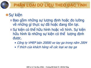 PHÂN LOẠI DỮ LIỆU THEO ĐẶC TÍNH

Sự kiện
  Bao gồm những sự lượng định hoặc đo lường
  về những gì thực sự đã hoặc đang tồn tại.
  Sự kiện có thể hữu hình hoặc vô hình. Sự kiện
  hữu hình là những sự kiện có thể lượng định
  được.
   • Công ty VMEP bán 20000 xe tay ga trong năm 2004
   • Ý thích của khách hàng về các loại xe tay ga




           2009 @ Lê Văn Huy (PhD) – Trường ĐH Kinh Tế - ĐH Đà Nẵng
 