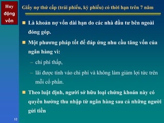 Huy
động
vốn
Huy
động
vốn
12
Giấy nợ thứ cấp (trái phiếu, kỳ phiếu) có thời hạn trên 7 nămGiấy nợ thứ cấp (trái phiếu, kỳ phiếu) có thời hạn trên 7 năm
Là khoản nợ vốn dài hạn do các nhà đầu tư bên ngoài
đóng góp.
Một phương pháp tốt để đáp ứng nhu cầu tăng vốn của
ngân hàng vì:
– chi phí thấp,
– lãi được tính vào chi phí và không làm giảm lợi tức trên
mỗi cổ phần.
Theo luật định, người sở hữu loại chứng khoán này có
quyền hưởng thu nhập từ ngân hàng sau cả những người
gửi tiền
 