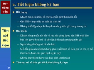 Huy
động
vốn
Huy
động
vốn
25
a. Tiết kiệm không kỳ hạna. Tiết kiệm không kỳ hạn
Đối tượng
– Khách hàng cá nhân, tổ chức có tiền tạm thời nhàn rỗi
– Gửi NH vì mục tiêu an toàn & sinh lợi
– Không thiết lập được kế hoạch sử dụng tiền gửi trong tương lai
Đặc điểm
– Khách hàng muốn rút bất cứ lúc nào cũng được nên NH phải đảm
bảo tồn quỹ để chi trả và khó lên kế hoạch sử dụng tiền gửi
– Ngân hàng thường trả lãi rất thấp
– Mỗi lần giao dịch khách hàng phải xuất trình sổ tiền gửi và chỉ có thể
thực hiện được các giao dịch ngân quỹ
– Không thực hiện được các giao dịch thanh toán
Thủ tục mở sổ tiền gửi tiết kiệm không kỳ hạn
Tiền
gửi
tiết
kiệm
Tiền
gửi
tiết
kiệm
 