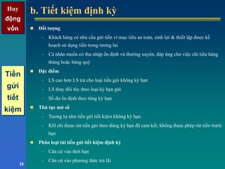 Huy
động
vốn
Huy
động
vốn
26
b. Tiết kiệm định kỳb. Tiết kiệm định kỳ
Đối tượng
– Khách hàng có nhu cầu gửi tiền vì mục tiêu an toàn, sinh lợi & thiết lập được kế
hoạch sử dụng tiền trong tương lai
– Cá nhân muốn có thu nhập ổn định và thường xuyên, đáp ứng cho việc chi tiêu hàng
tháng hoặc hàng quý
Đặc điểm
– LS cao hơn LS trả cho loại tiền gửi không kỳ hạn
– LS thay đổi tùy theo loại kỳ hạn gửi
– Số dư ổn định theo từng kỳ hạn
Thủ tục mở sổ
– Tương tự như tiền gửi tiết kiệm không kỳ hạn
– KH chỉ được rút tiền gửi theo đúng kỳ hạn đã cam kết, không được phép rút tiền trước
hạn
Phân loại tài tiền gửi tiết kiệm định kỳ
– Căn cứ vào thời hạn
– Căn cứ vào phương thức trả lãi
Tiền
gửi
tiết
kiệm
Tiền
gửi
tiết
kiệm
 