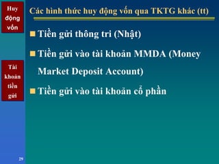 Huy
động
vốn
Huy
động
vốn
29
Các hình thức huy động vốn qua TKTG khác (tt)Các hình thức huy động vốn qua TKTG khác (tt)
Tiền gửi thông tri (Nhật)
Tiền gửi vào tài khoản MMDA (Money
Market Deposit Account)
Tiền gửi vào tài khoản cổ phần
Tài
khoản
tiền
gửi
Tài
khoản
tiền
gửi
 