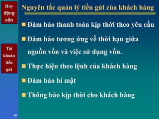 Huy
động
vốn
Huy
động
vốn
30
Nguyên tắc quản lý tiền gửi của khách hàngNguyên tắc quản lý tiền gửi của khách hàng
Đảm bảo thanh toán kịp thời theo yêu cầu
Đảm bảo tương ứng về thời hạn giữa
nguồn vốn và việc sử dụng vốn.
Thực hiện theo lệnh của khách hàng
Đảm bảo bí mật
Thông báo kịp thời cho khách hàng
Tài
khoản
tiền
gửi
Tài
khoản
tiền
gửi
 