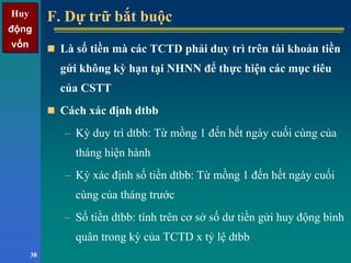 Huy
động
vốn
Huy
động
vốn
38
F. Dự trữ bắt buộcF. Dự trữ bắt buộc
Là số tiền mà các TCTD phải duy trì trên tài khoản tiền
gửi không kỳ hạn tại NHNN để thực hiện các mục tiêu
của CSTT
Cách xác định dtbb
– Kỳ duy trì dtbb: Từ mồng 1 đến hết ngày cuối cùng của
tháng hiện hành
– Kỳ xác định số tiền dtbb: Từ mồng 1 đến hết ngày cuối
cùng của tháng trước
– Số tiền dtbb: tính trên cơ sở số dư tiền gửi huy động bình
quân trong kỳ của TCTD x tỷ lệ dtbb
 