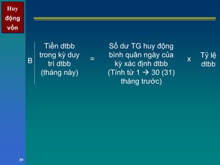 Huy
động
vốn
Huy
động
vốn
39
Tiền dtbb
trong kỳ duy
trì dtbb
(tháng này)
=
Số dư TG huy động
bình quân ngày của
kỳ xác định dtbb
(Tính từ 1 30 (31)
tháng trước)
Tỷ lệ
dtbb
xB
 