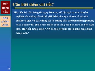 Huy
động
vốn
Huy
động
vốn
49
Cần biết thêm chi tiết?Cần biết thêm chi tiết?
“Hãy liên hệ với chúng tôi ngay hôm nay để đội ngũ tư vấn chuyên
nghiệp của chúng tôi có thể giải thích cho bạn rõ hơn về các sản
phẩm và dịch vụ của chúng tôi và hướng dẫn cho bạn những phương
thức quản lý tài chính mới khiến cuộc sống của bạn trở nên tiện nghi
hơn. Hãy đến ngân hàng ANZ và thử nghiệm một phong cách ngân
hàng mới.”
Sản
phẩm
ANZ
 