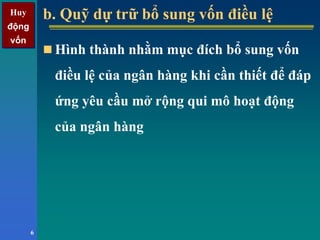 Huy
động
vốn
Huy
động
vốn
6
b. Quỹ dự trữ bổ sung vốn điều lệb. Quỹ dự trữ bổ sung vốn điều lệ
Hình thành nhằm mục đích bổ sung vốn
điều lệ của ngân hàng khi cần thiết để đáp
ứng yêu cầu mở rộng qui mô hoạt động
của ngân hàng
 