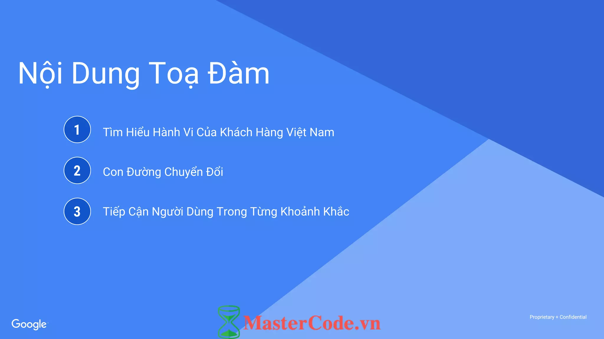 Proprietary + ConfidentialProprietary + Confidential
Proprietary + Confidential
Nội Dung Toạ Đàm
Tìm Hiểu Hành Vi Của Khách Hàng Việt Nam
Con Đường Chuyển Đổi
Tiếp Cận Người Dùng Trong Từng Khoảnh Khắc
1
2
3
 