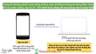 71%người Việt vẫn mua hàng
online qua máy tính
Đừng chỉ dựa vào số liệu chuyển đổi máy tính mà giảm
tập trung vào di động vì việc nghiên cứu trên di động dẫn
đến đa số những chuyển đổi này
Trong số những người mua hàng online, mặc dù khách hàng sử dụng điện thoại
để tìm kiếm nhiều, đại đa số - 71% thiết bị họ dùng để mua hàng vẫn là máy tính
Source: Consumer Barometer
98% người Việt sử dụng điện
thoại để lướt web và 55% sử
dụng thường xuyên
Bạn còn nhớ?
Chuyển đổi xuyên thiết bị
n = 6515
 